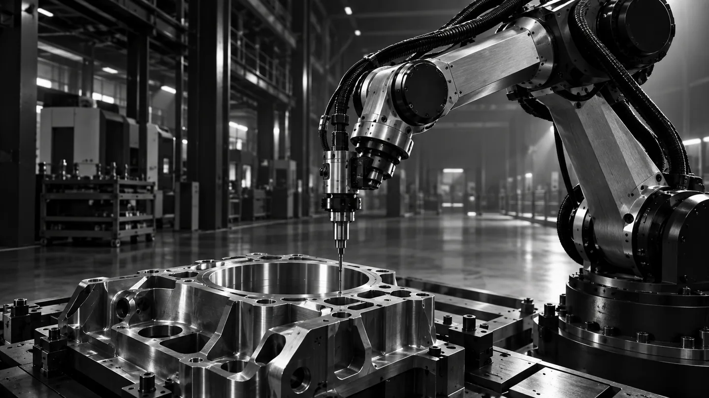 An industrial robot and a precisely machined metal component.